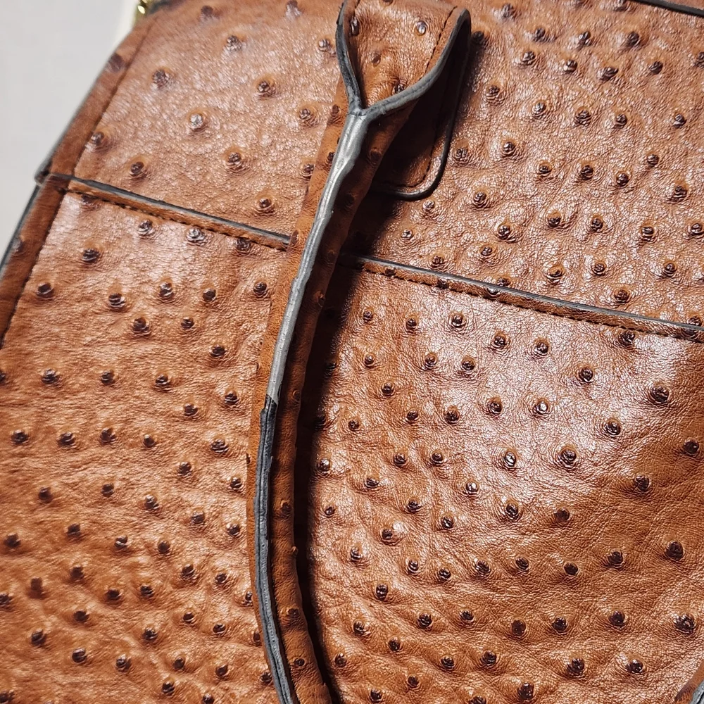London Fog Brown Faux Leather Ostrich Satchel Bag w/ Detachable Strap